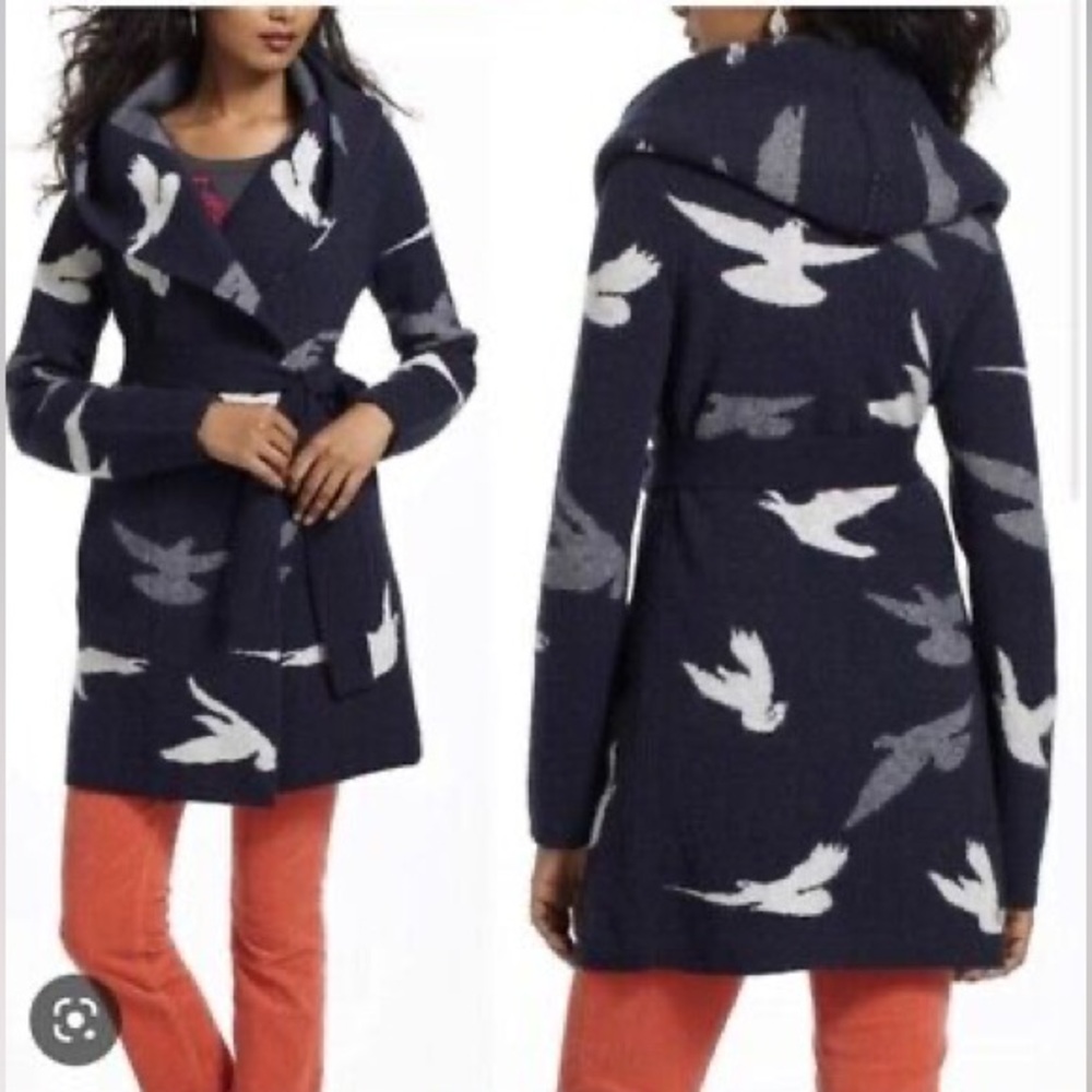 Anthropologie Field Flower Sweater Coat Birds